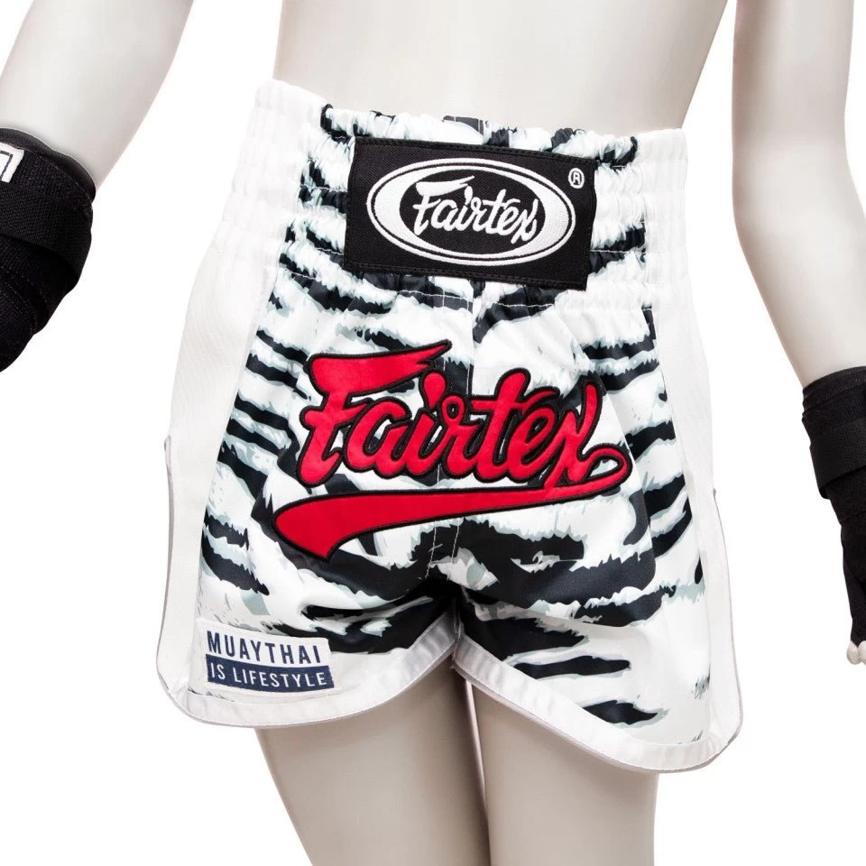 BSK2103 Fairtex Kids Muay Thai Shorts White Tiger 1 BSK2103 Fairtex Kids Muay Thai Shorts White Tiger