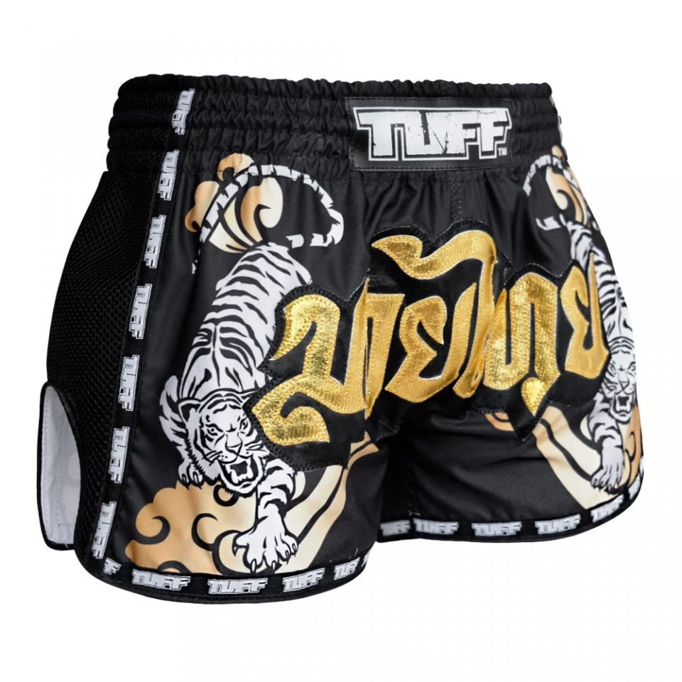 MRS301 TUFF Muay Thai Shorts Retro Style Black Double Tiger With Gold Text 4 MRS301 TUFF Muay Thai Shorts Retro Style Black Double Tiger With Gold Text - Image 4