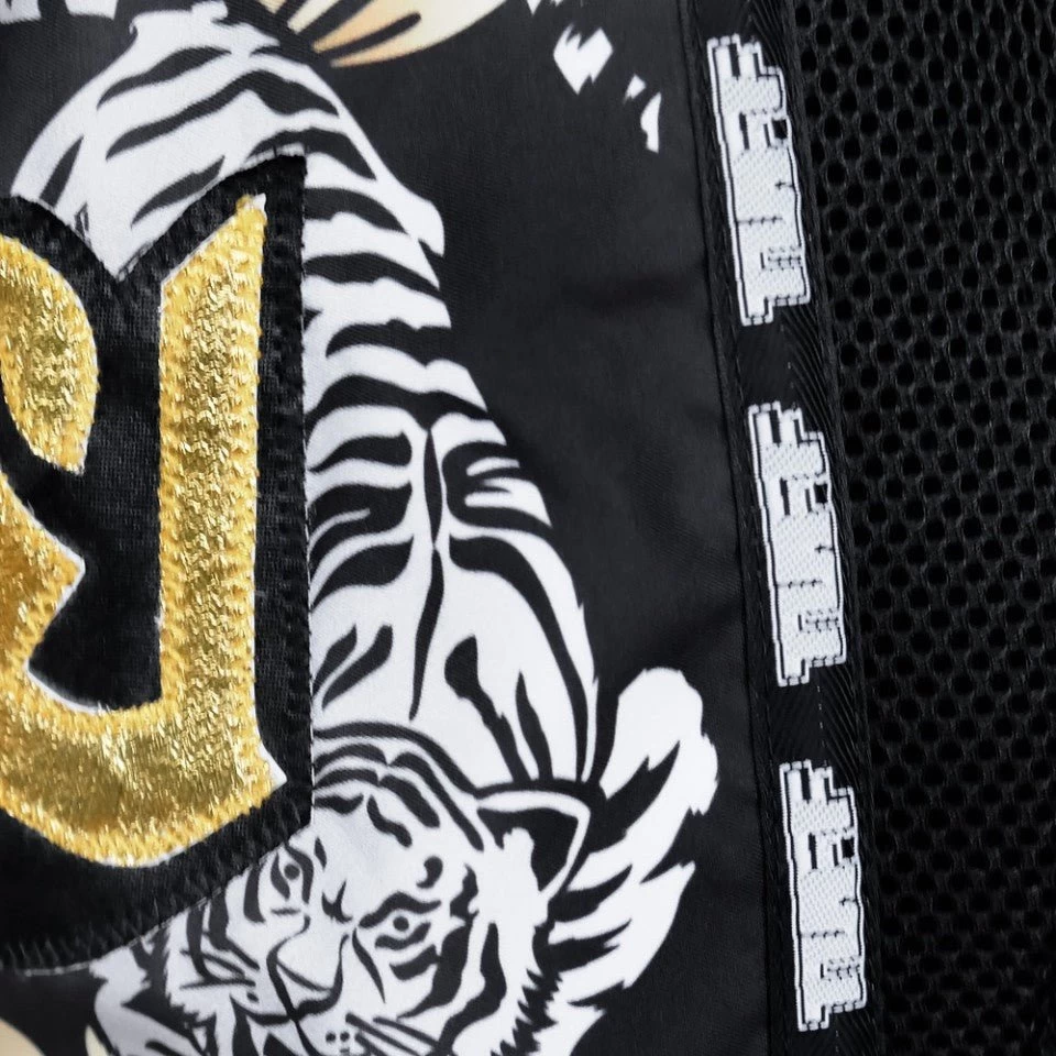 MRS301 TUFF Muay Thai Shorts Retro Style Black Double Tiger With Gold Text 5 MRS301 TUFF Muay Thai Shorts Retro Style Black Double Tiger With Gold Text - Image 5