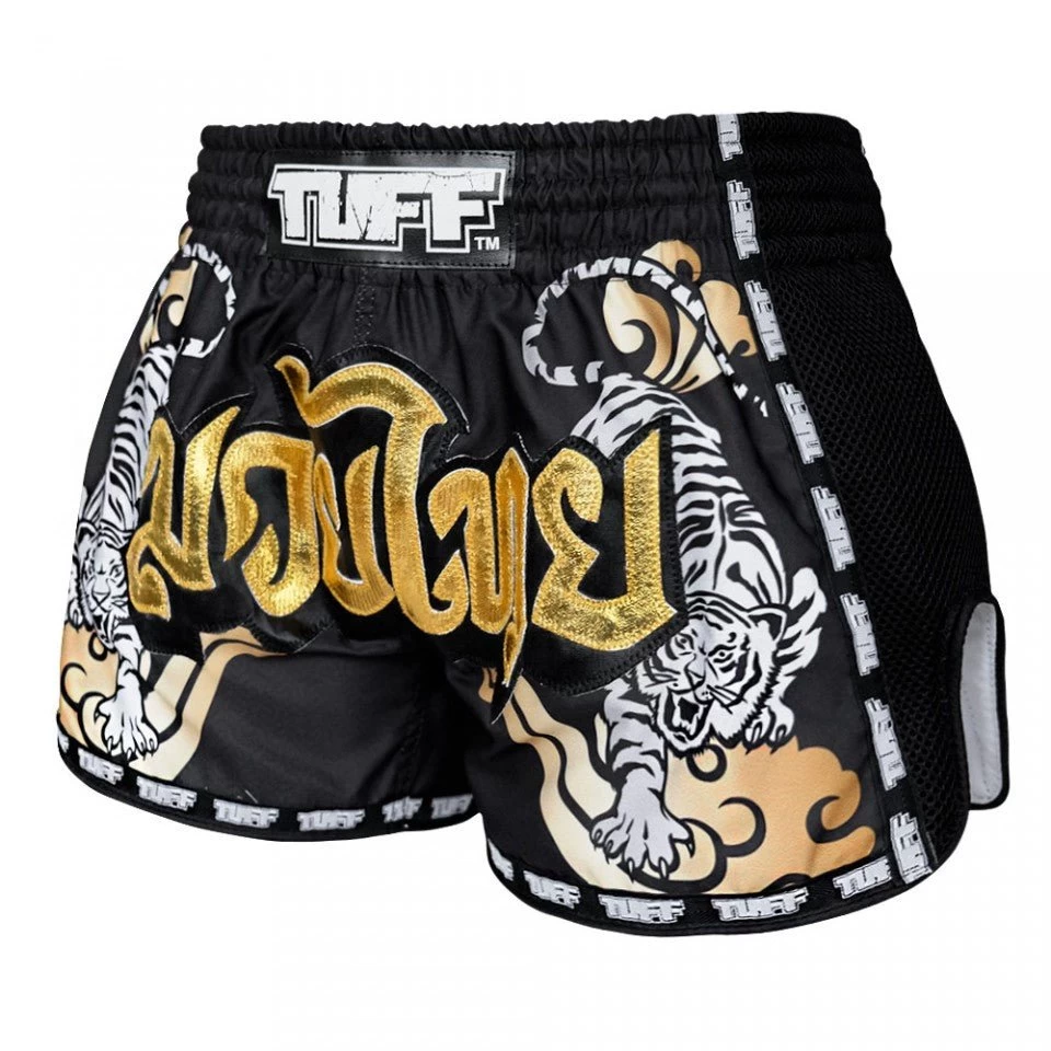 MRS301 TUFF Muay Thai Shorts Retro Style Black Double Tiger With Gold Text 2 MRS301 TUFF Muay Thai Shorts Retro Style Black Double Tiger With Gold Text - Image 2