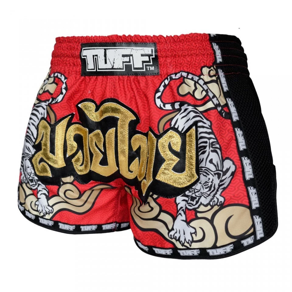 MRS301 TUFF Muay Thai Shorts Retro Style Red Double Tiger With Gold Text 2 MRS301 TUFF Muay Thai Shorts Retro Style Red Double Tiger With Gold Text - Image 2