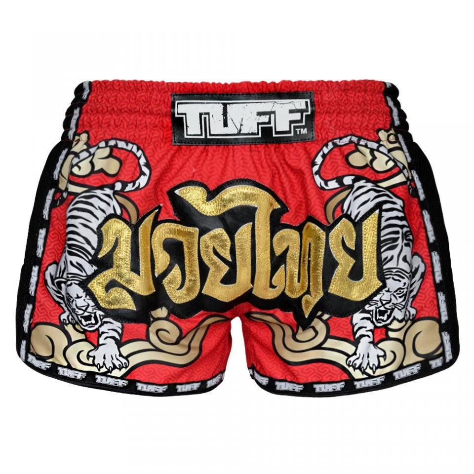 MRS301 TUFF Muay Thai Shorts Retro Style Red Double Tiger With Gold Text 1 MRS301 TUFF Muay Thai Shorts Retro Style Red Double Tiger With Gold Text