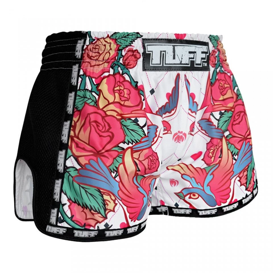MRS302 TUFF Muay Thai Shorts Retro Style White Roses With Birds 4 MRS302 TUFF Muay Thai Shorts Retro Style White Roses With Birds - Image 4