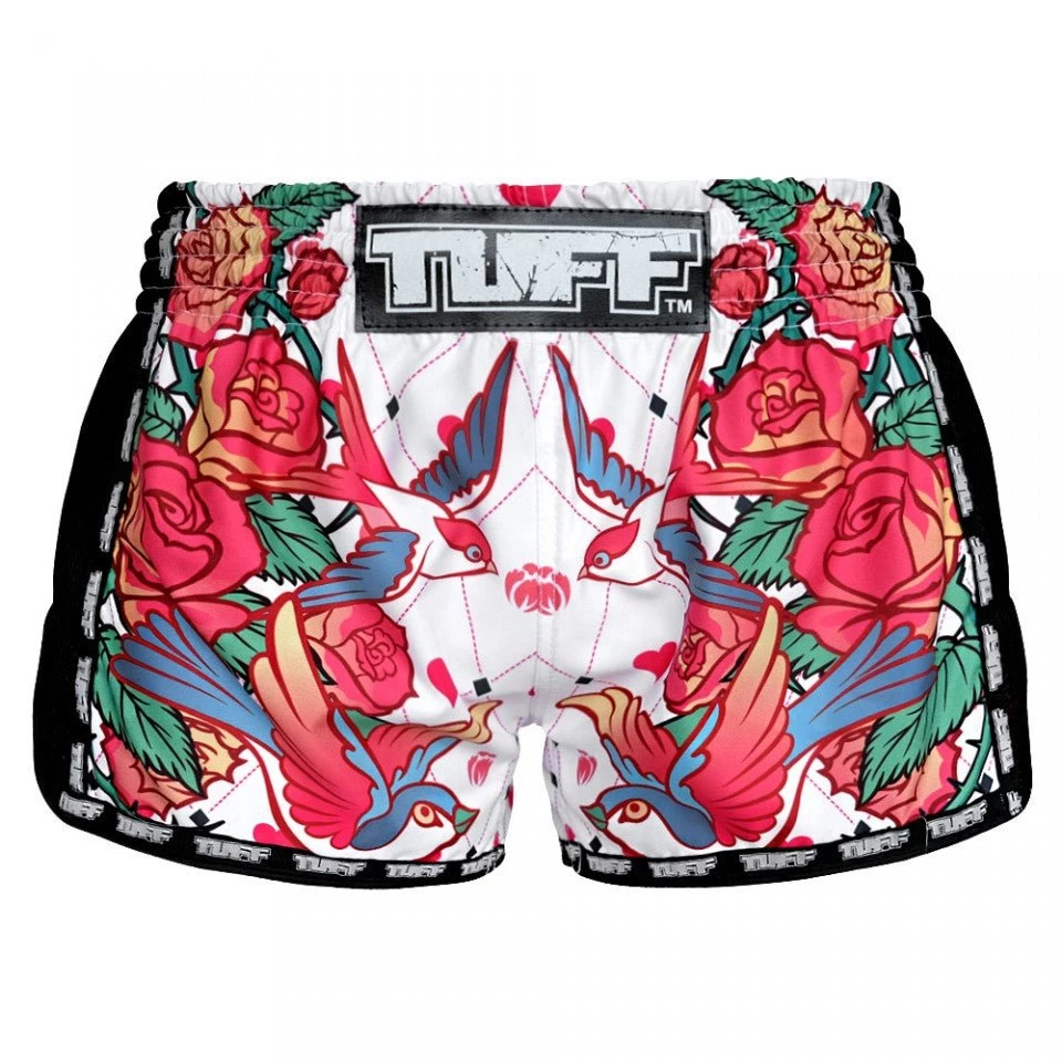 MRS302 TUFF Muay Thai Shorts Retro Style White Roses With Birds 1 MRS302 TUFF Muay Thai Shorts Retro Style White Roses With Birds
