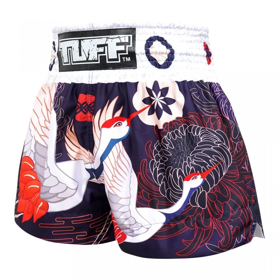 MS639 TUFF Muay Thai Shorts Navy Blue Japanese Drawing Crane Birds 2 MS639 TUFF Muay Thai Shorts Navy Blue Japanese Drawing Crane Birds - Image 2