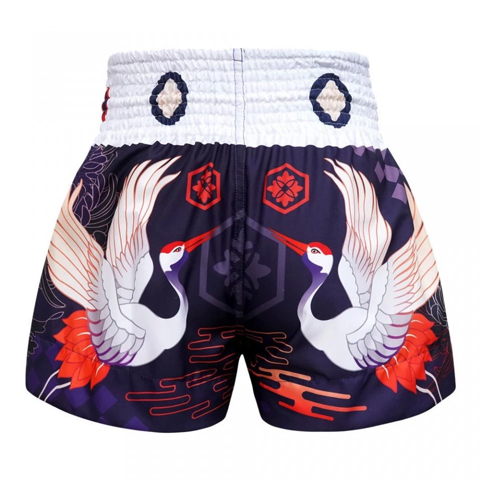 MS639 TUFF Muay Thai Shorts Navy Blue Japanese Drawing Crane Birds 3 MS639 TUFF Muay Thai Shorts Navy Blue Japanese Drawing Crane Birds - Image 3