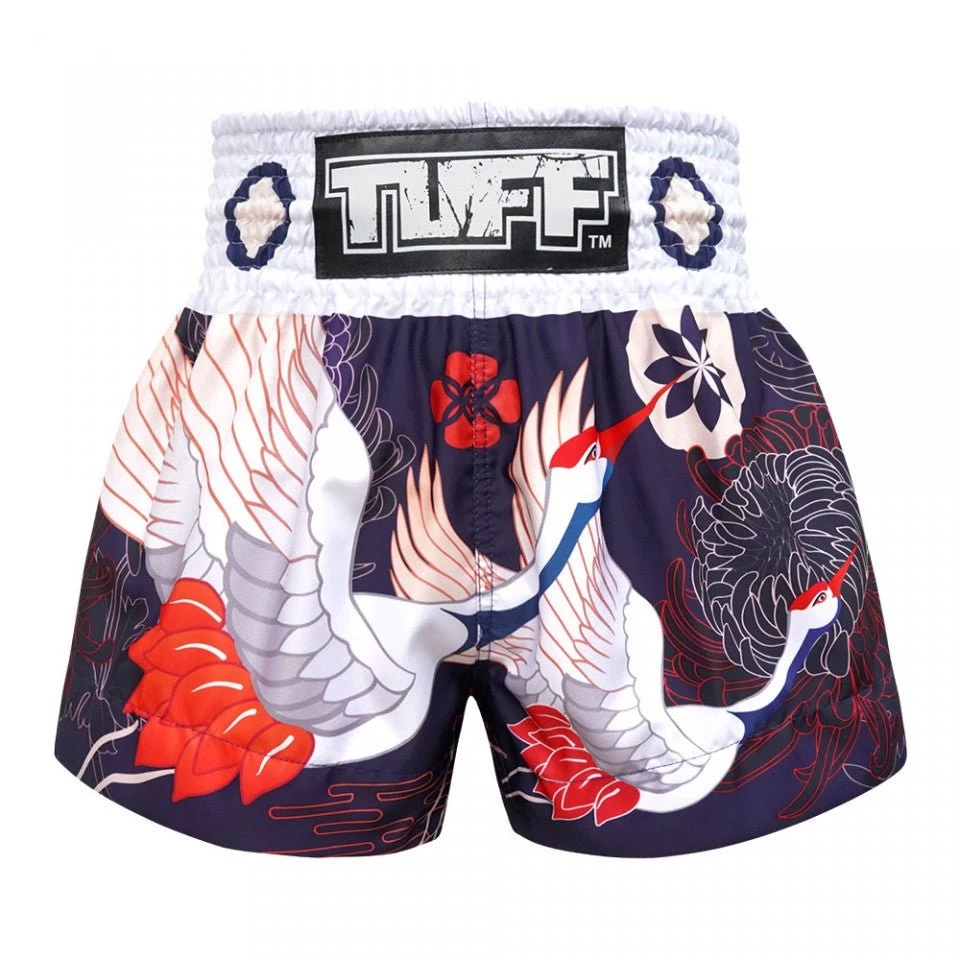 MS639 TUFF Muay Thai Shorts Navy Blue Japanese Drawing Crane Birds 1 MS639 TUFF Muay Thai Shorts Navy Blue Japanese Drawing Crane Birds