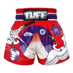 MS639 TUFF Muay Thai Shorts Red Japanese Drawing Crane Birds