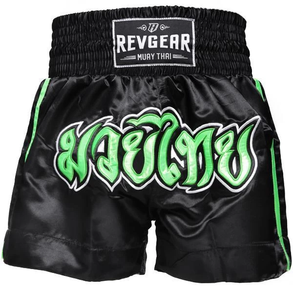 Revgear Kids Muay Thai Shorts - Black Green 1 Revgear Kids Muay Thai Shorts - Black Green