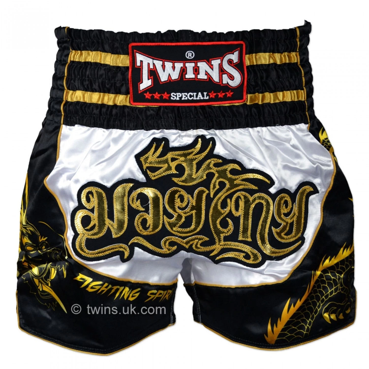 TBS-DR3 Twins White-Black Dragon Muay Thai Shorts 1 TBS-DR3 Twins White-Black Dragon Muay Thai Shorts