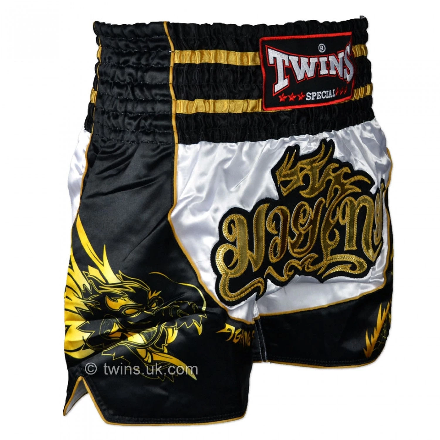 TBS-DR3 Twins White-Black Dragon Muay Thai Shorts 2 TBS-DR3 Twins White-Black Dragon Muay Thai Shorts - Image 2
